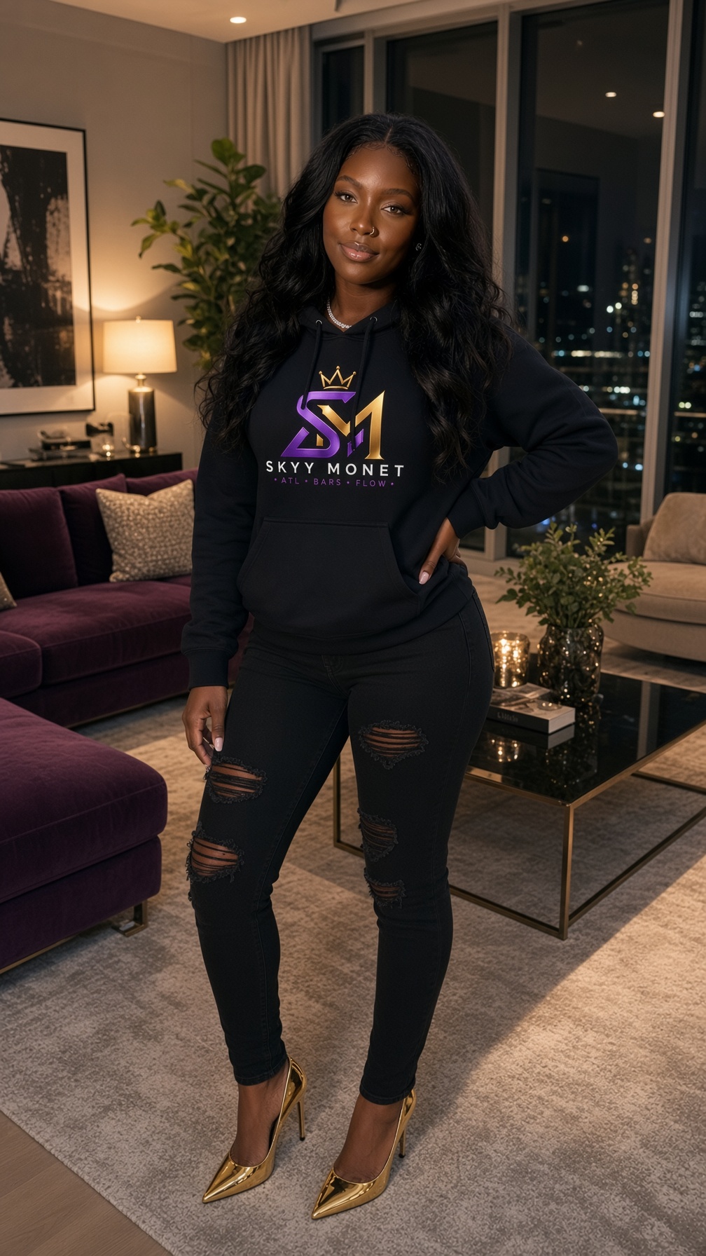 Penthouse — hoodie + gold heels